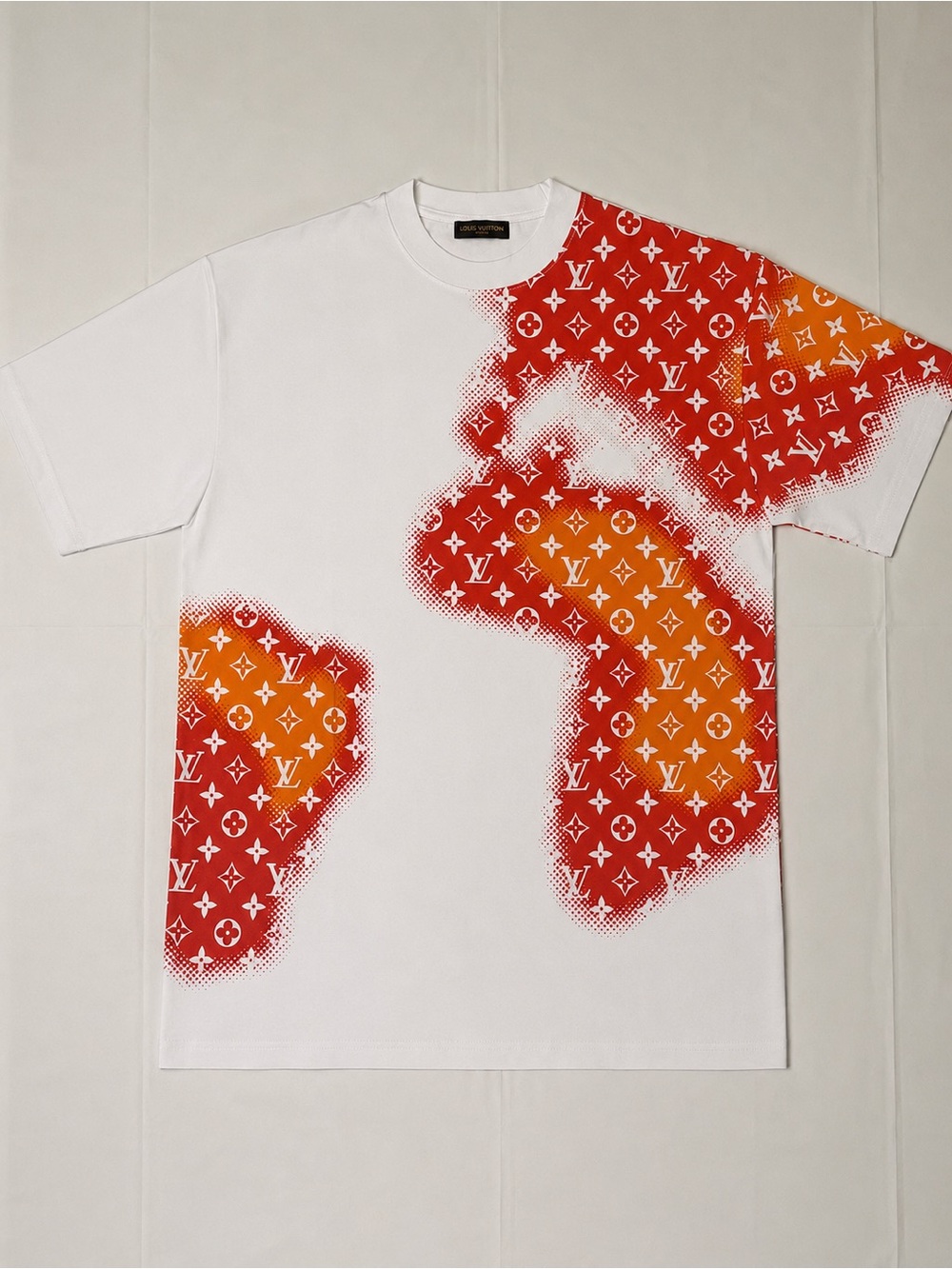 Louis Vuitton White T‑Shirt with Red and Orange Monogram Splash